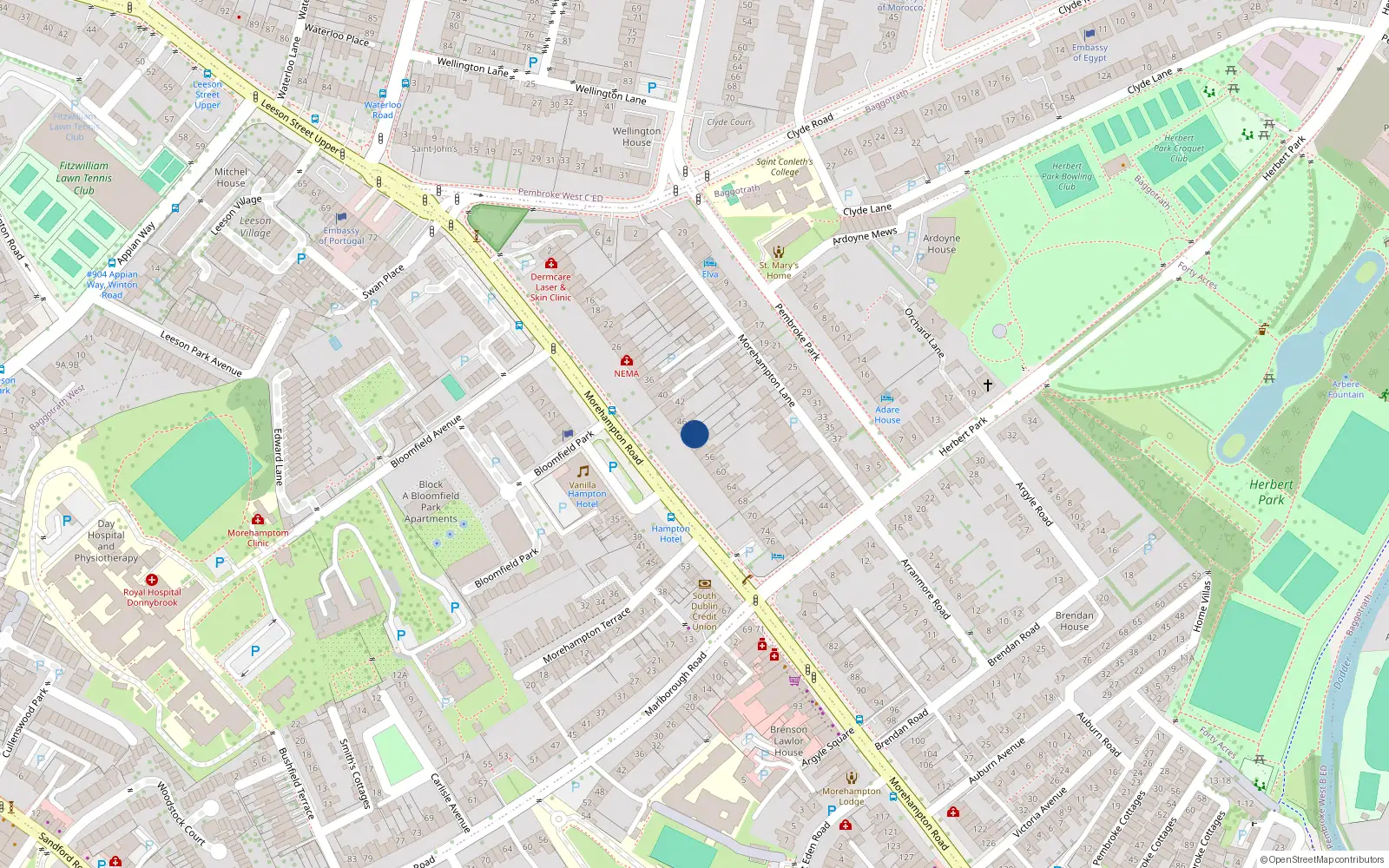 Overhead map showing the location of 50 Morehampton Road, Dublin 4
