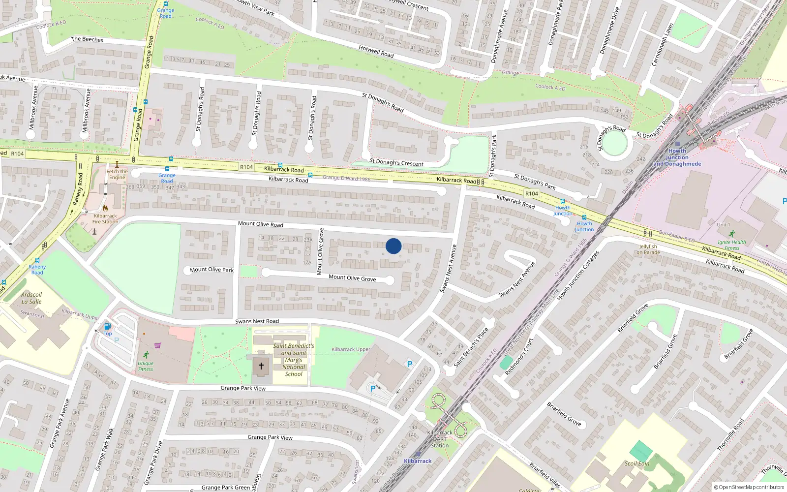 Overhead map showing the location of 50 Mount Olive Road, Kilbarrack, Dublin 5