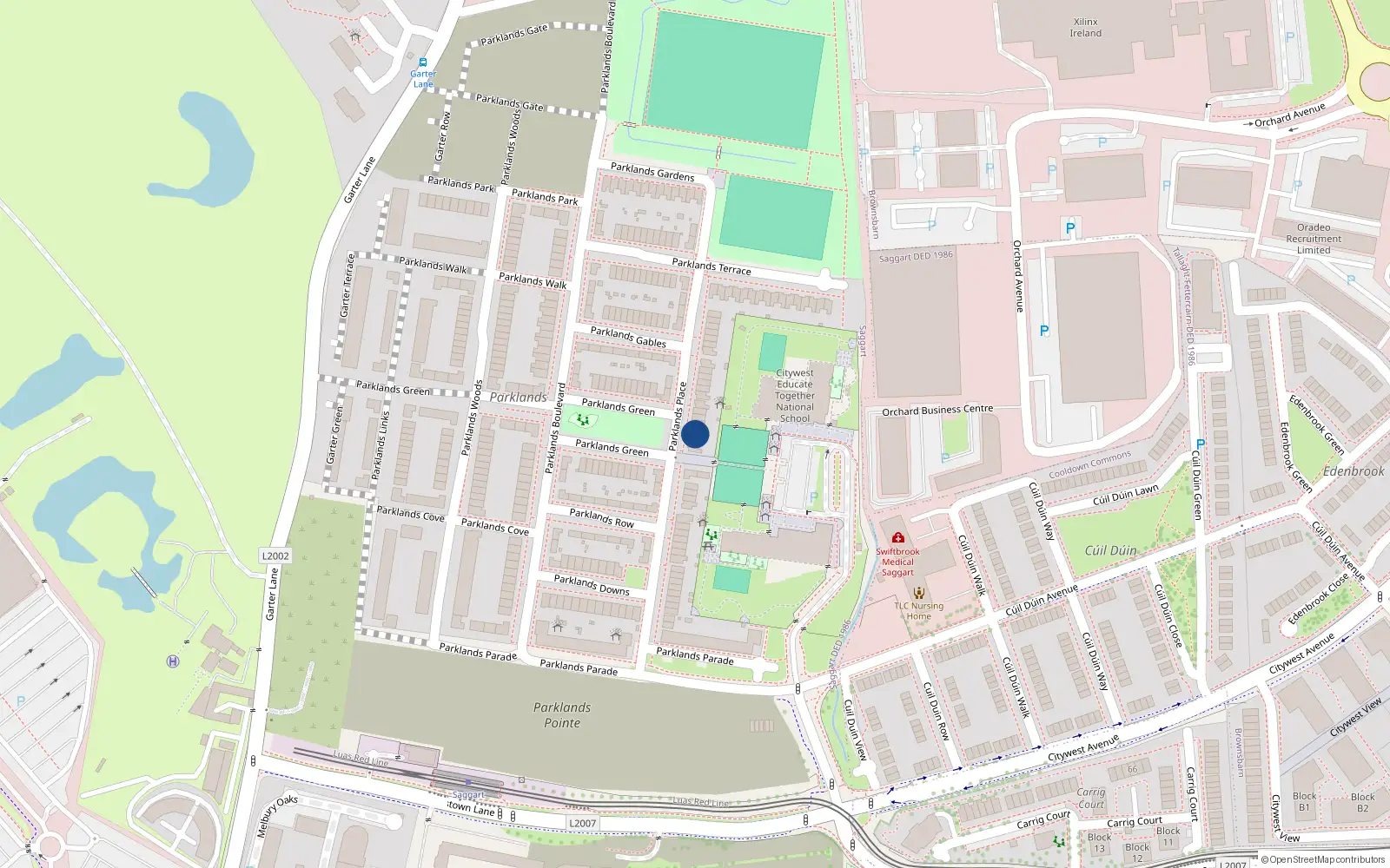 Overhead map showing the location of 50 Parklands Place, Saggart