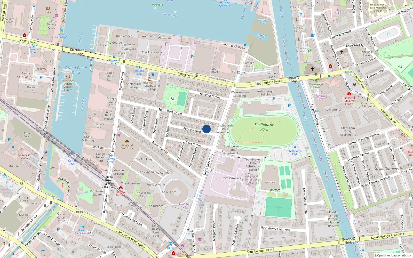 Overhead map showing the location of 50 Penrose Street, Dublin 4