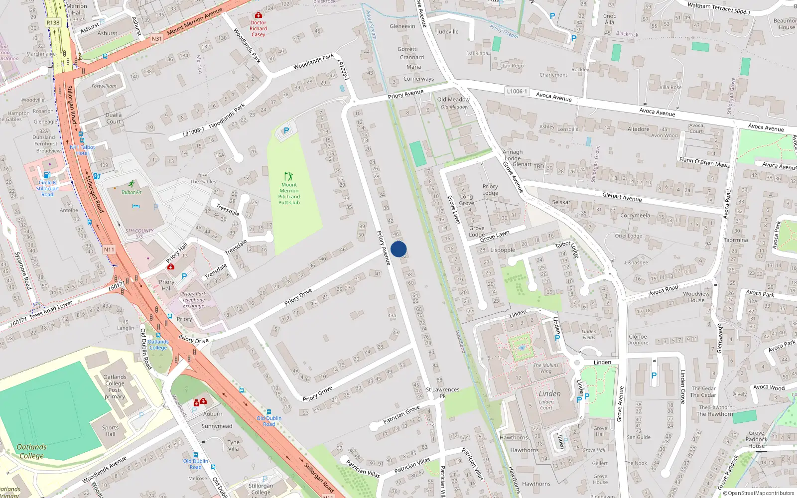 Overhead map showing the location of 50 Priory Avenue, Stillorgan, Dublin