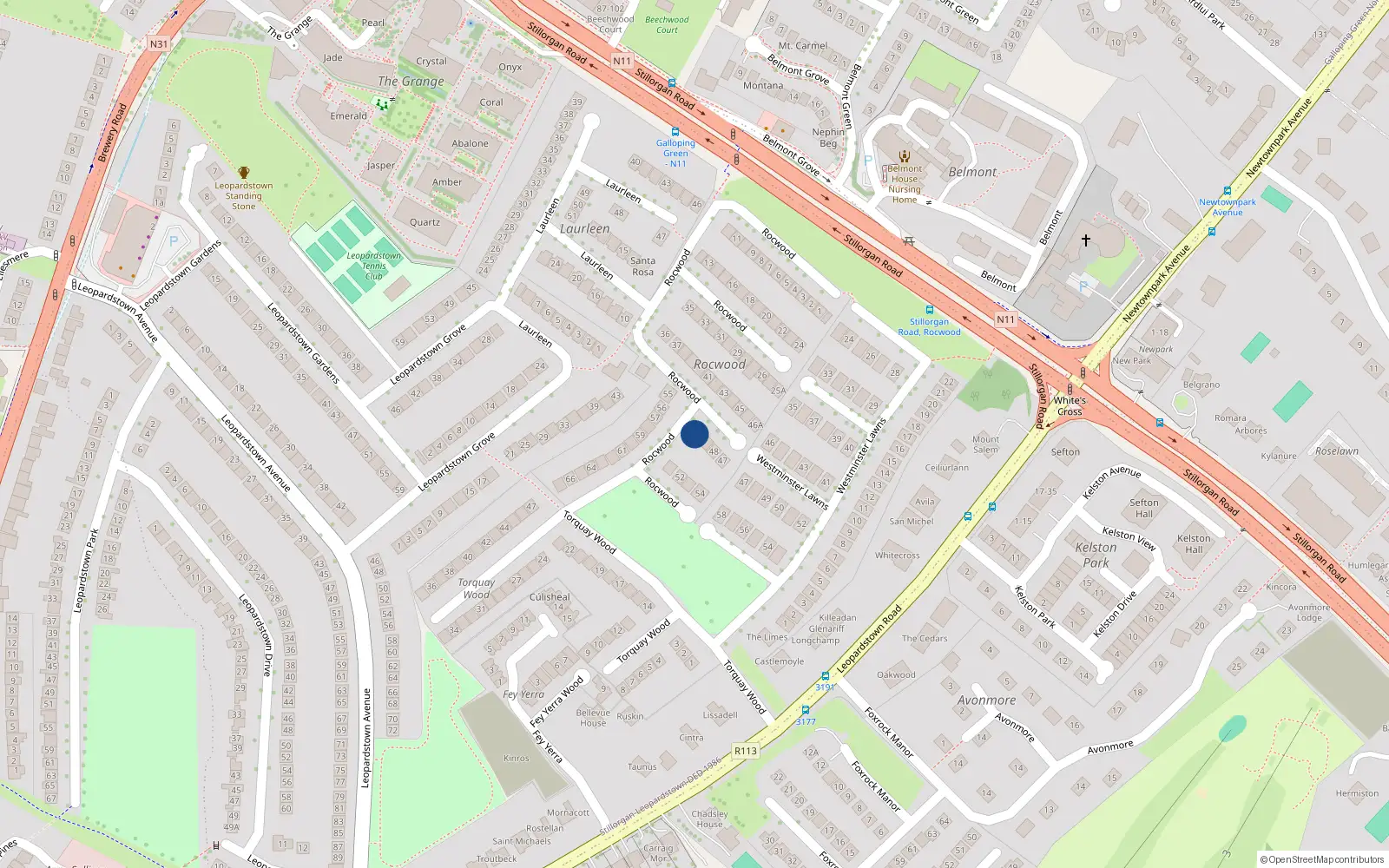 Overhead map showing the location of 50 Rocwood, Blackrock, Dublin