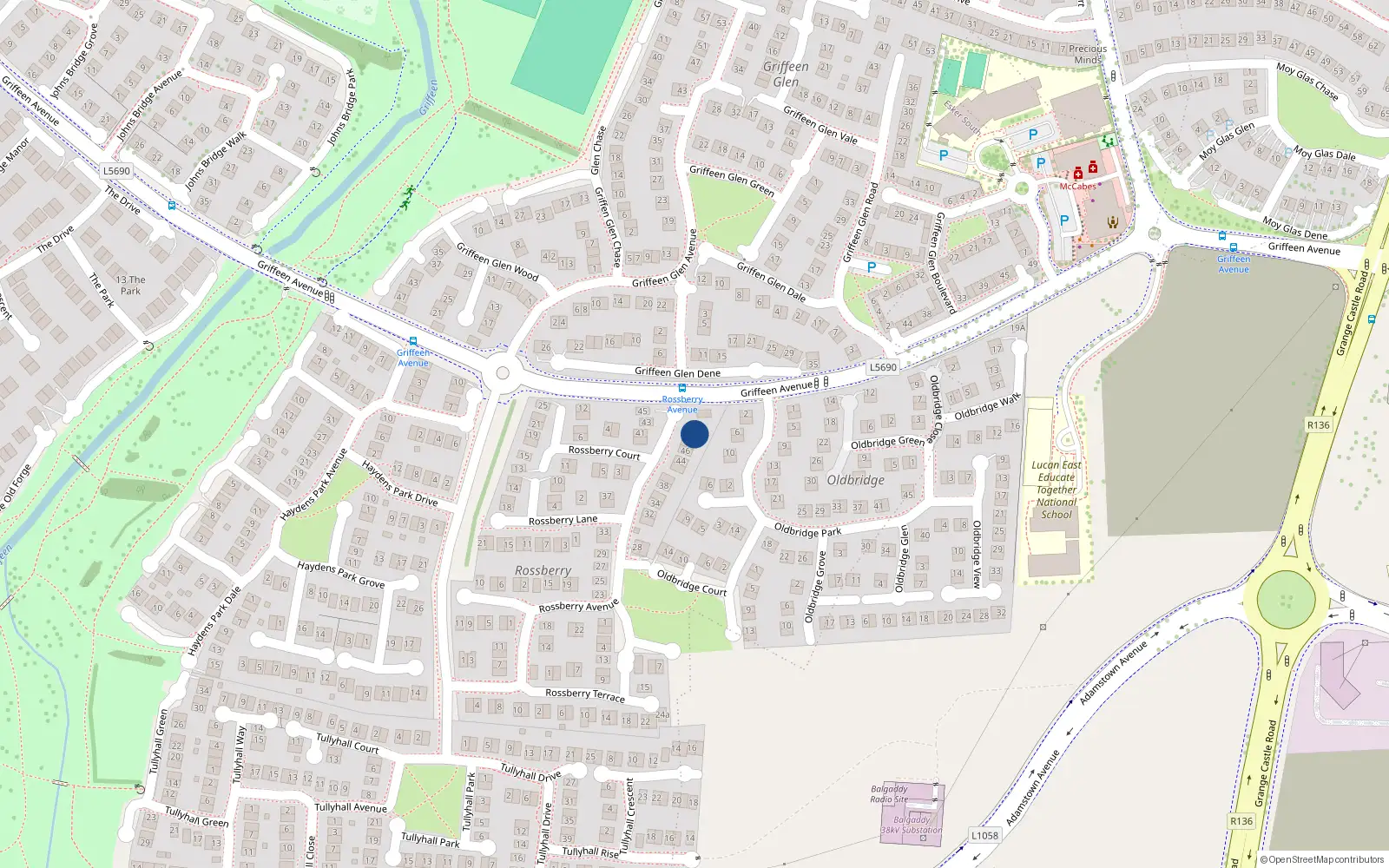Overhead map showing the location of 50 Rossberry Avenue, Lucan
