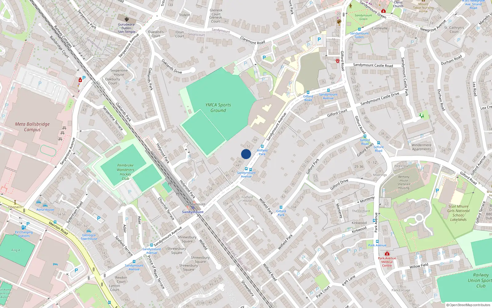 Overhead map showing the location of 50 Sandymount Avenue, Sandymount
