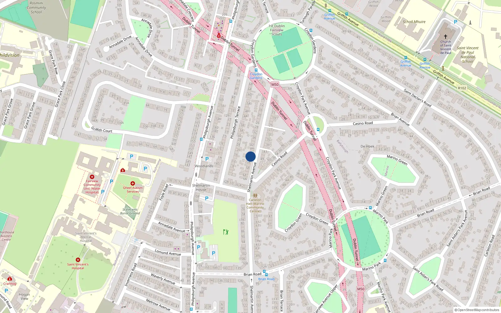 Overhead map showing the location of 50 Shelmartin Avenue, Dublin 3