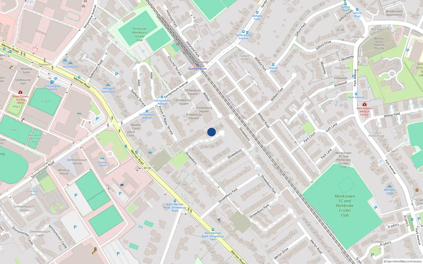 Overhead map showing the location of 50 Shrewsbury, Ballsbridge