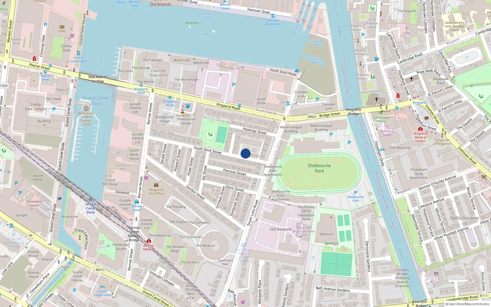Overhead map showing the location of 50 South Dock Street, Dublin 4