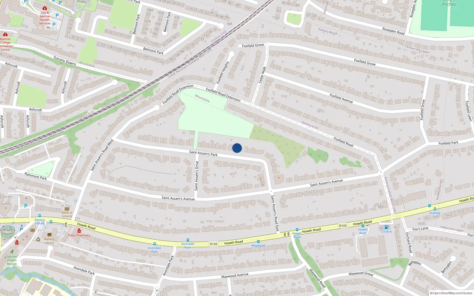 Overhead map showing the location of 50 St Assams Park, Raheny, Dublin 5