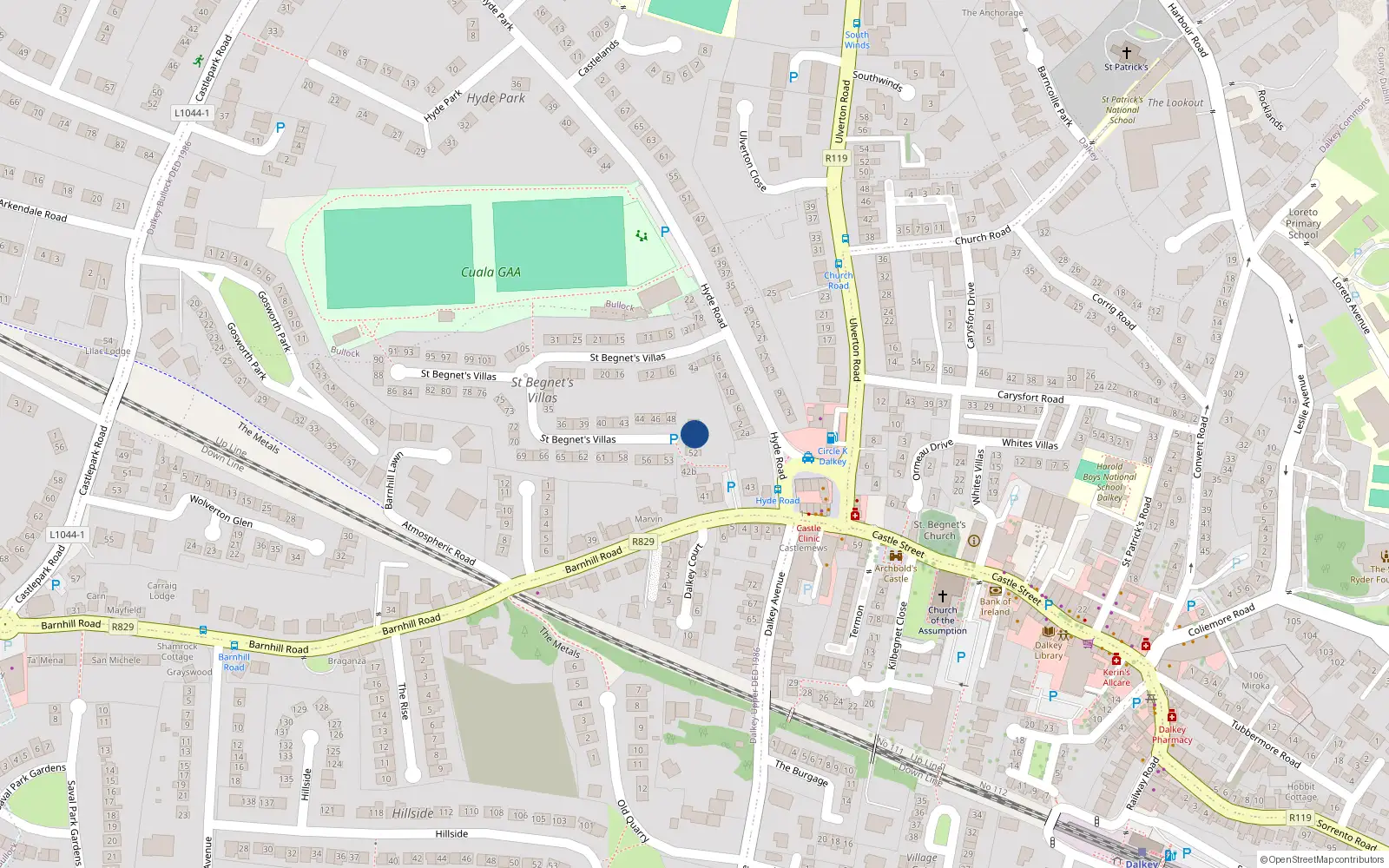 Overhead map showing the location of 50 St Begnets Villas, Dalkey, Dublin