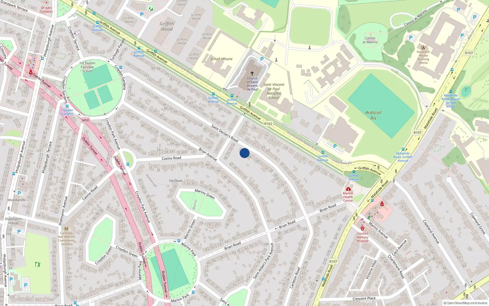 Overhead map showing the location of 50 Saint Declan's Road, Dublin 3