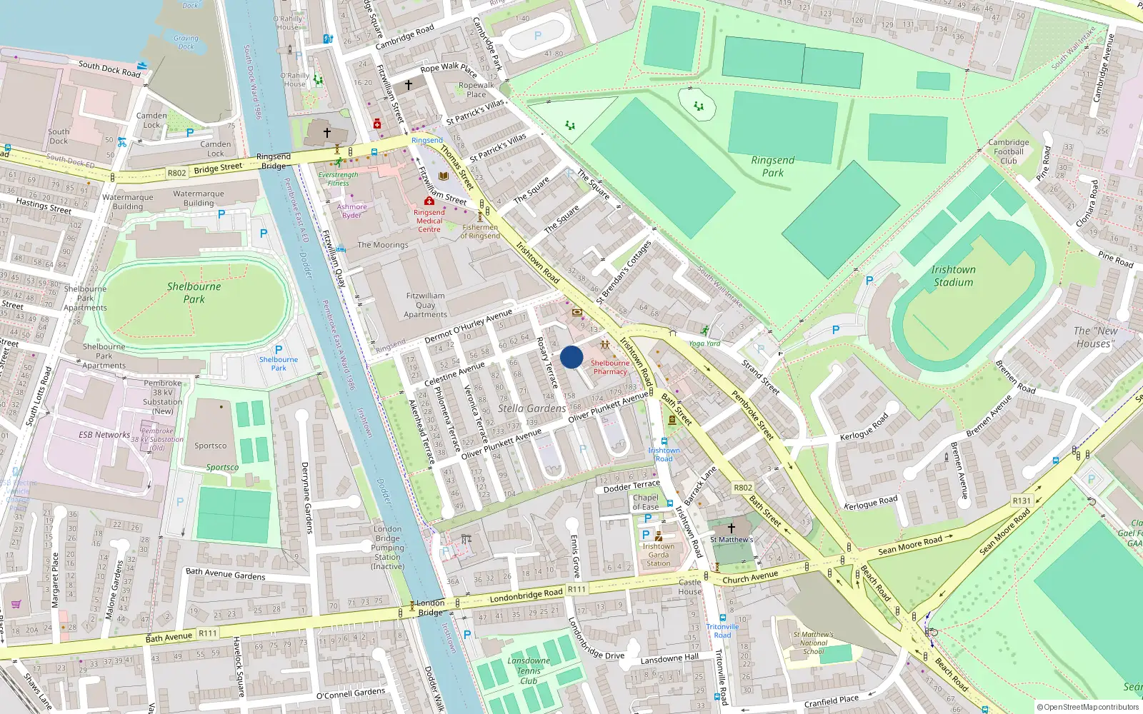 Overhead map showing the location of 50 Stella Gardens Lane, Irishtown