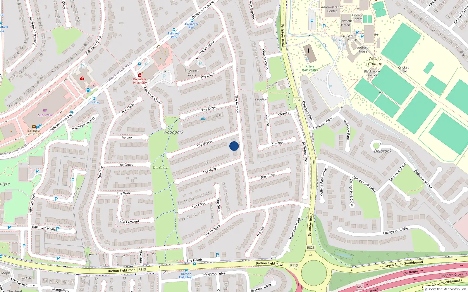 Overhead map showing the location of 50 The Avenue, Dublin 16