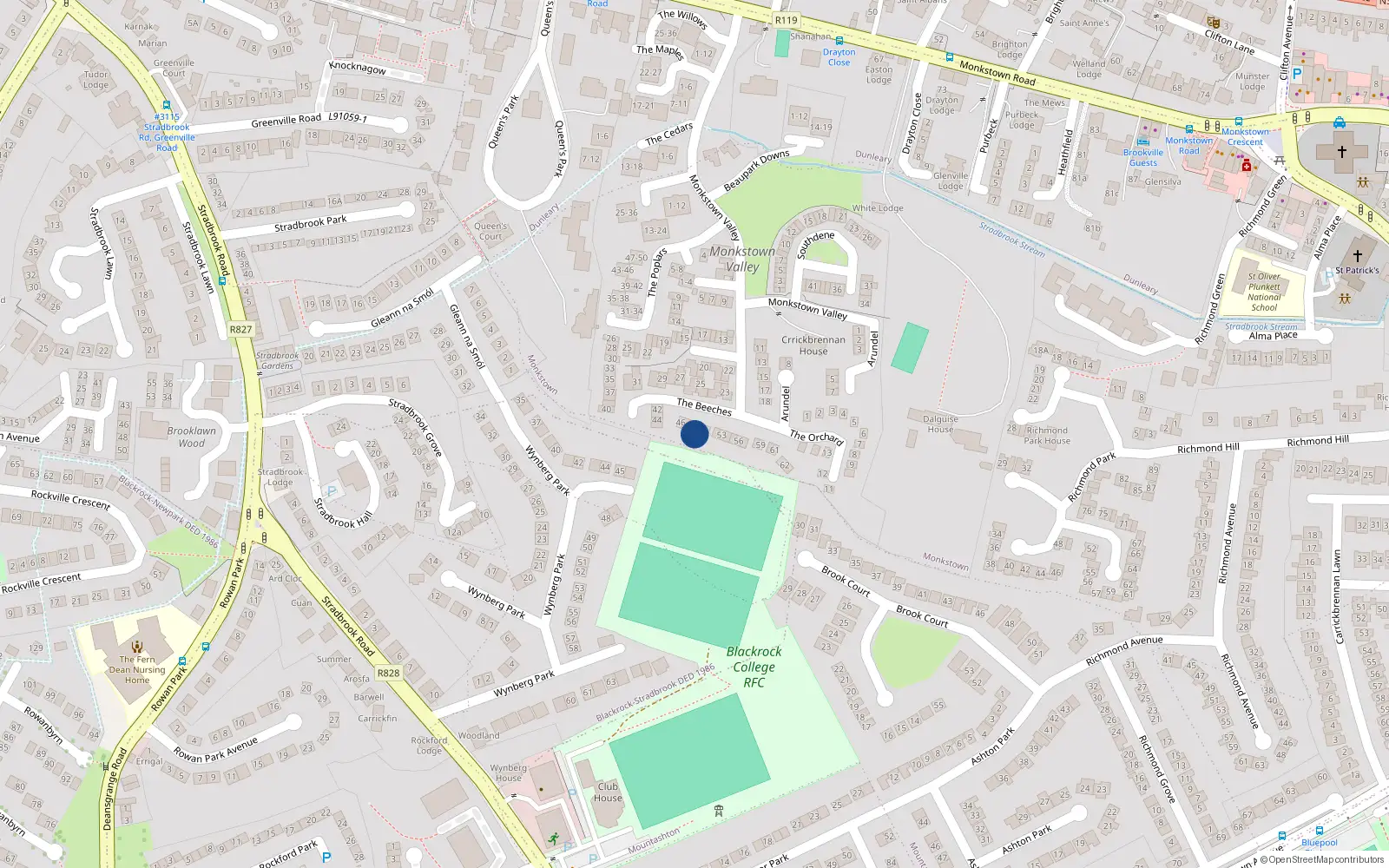 Overhead map showing the location of 50 The Beeches, Monkstown