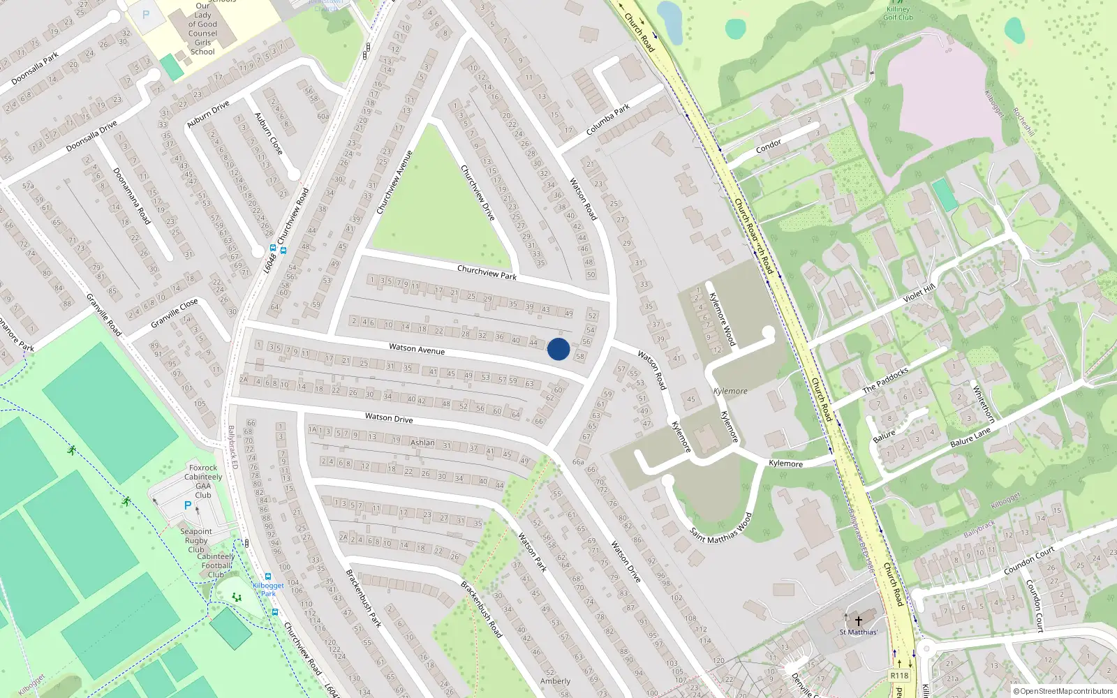 Overhead map showing the location of 50 Watson Avenue, Killiney