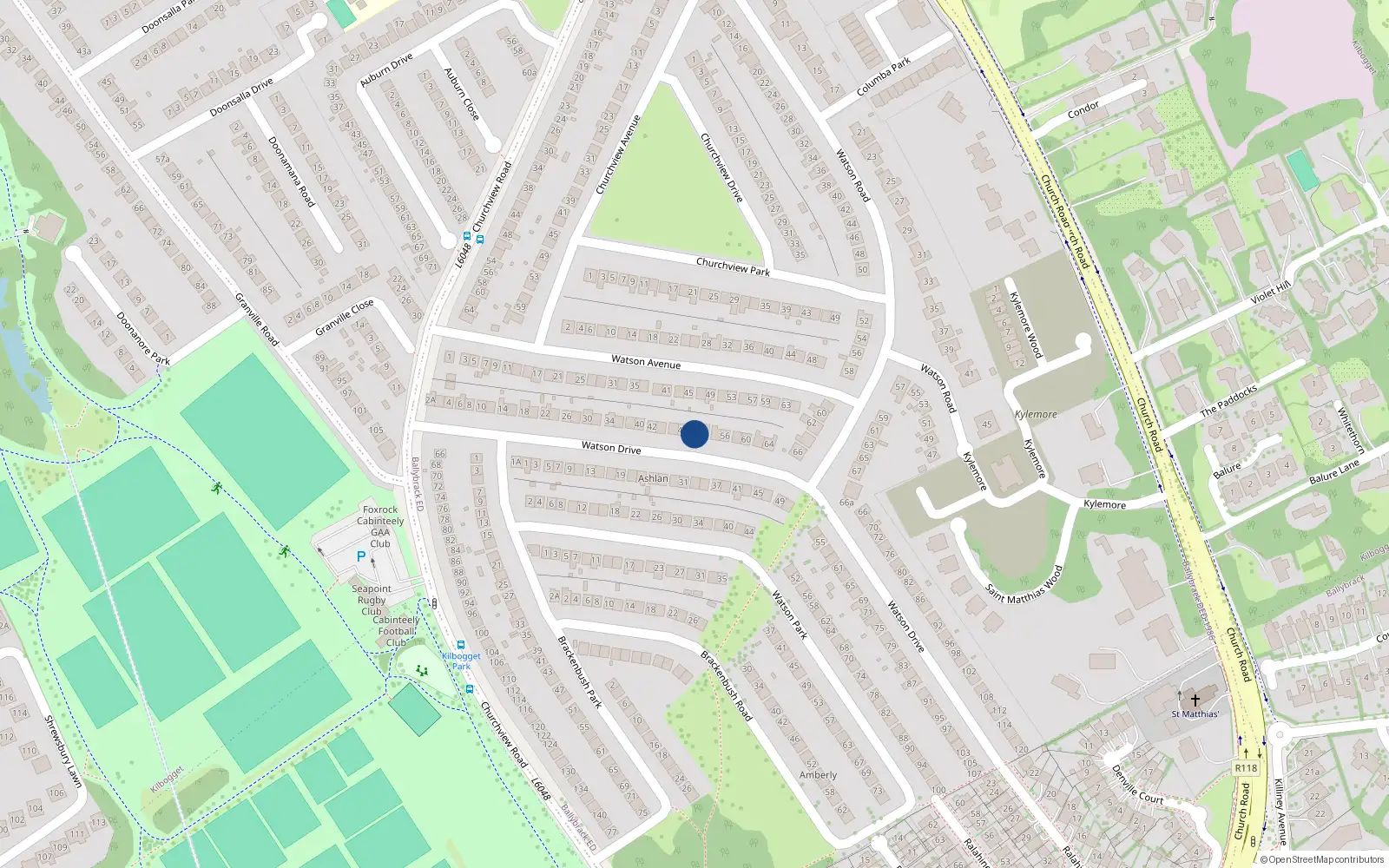 Overhead map showing the location of 50 Watson Drive, Killiney, Dublin