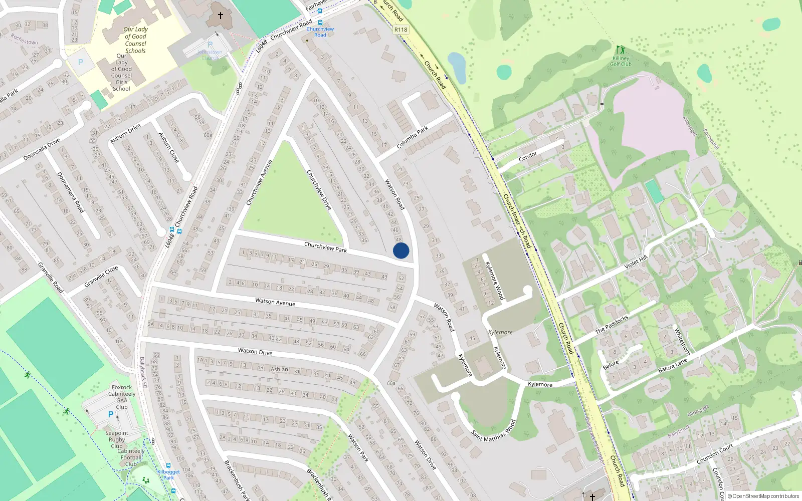 Overhead map showing the location of 50 Watson Road, Killiney, Co Dublin