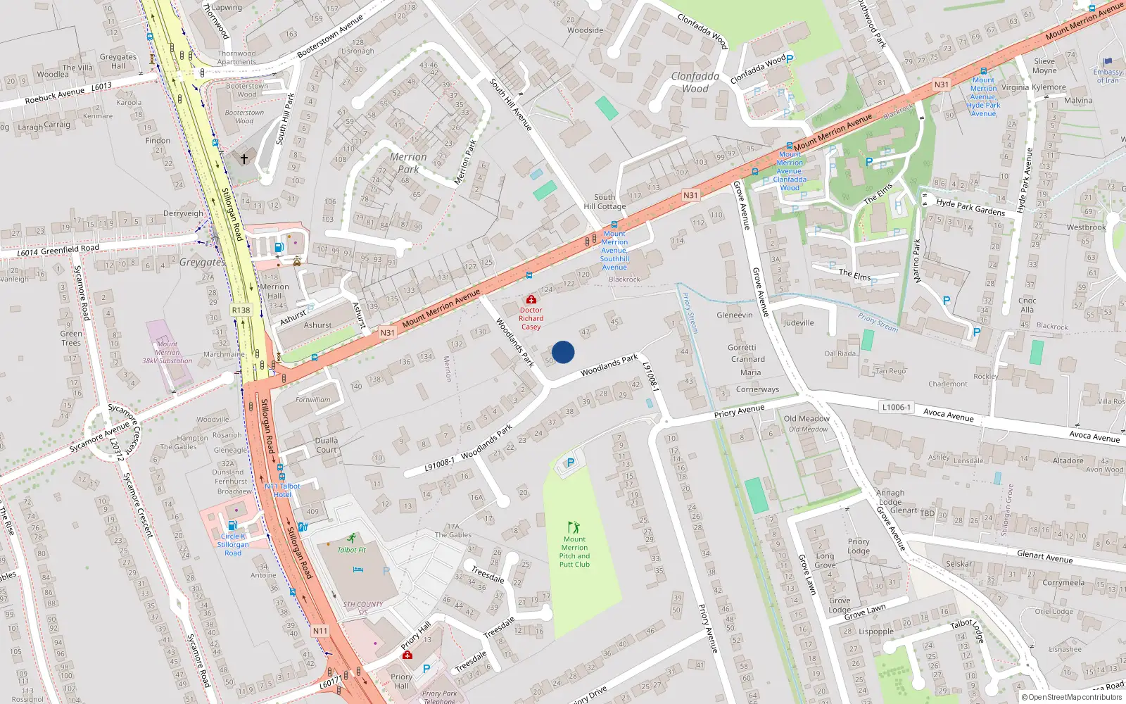 Overhead map showing the location of 50 Woodlands Park, Blackrock, Dublin