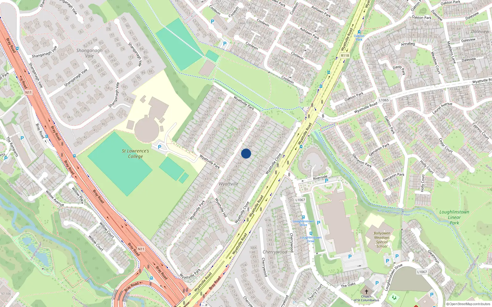 Overhead map showing the location of 50 Wyattville Park, Dun Laoghaire
