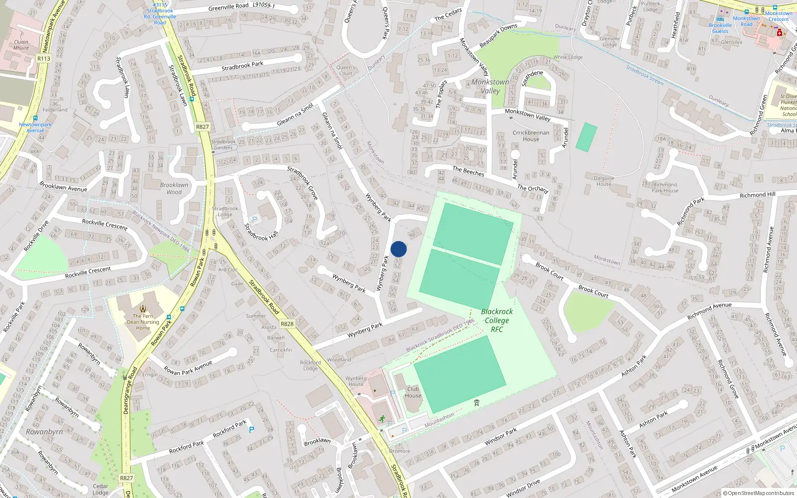 Overhead map showing the location of 50 Wynberg Park, Stradbrook Road, Blackrock