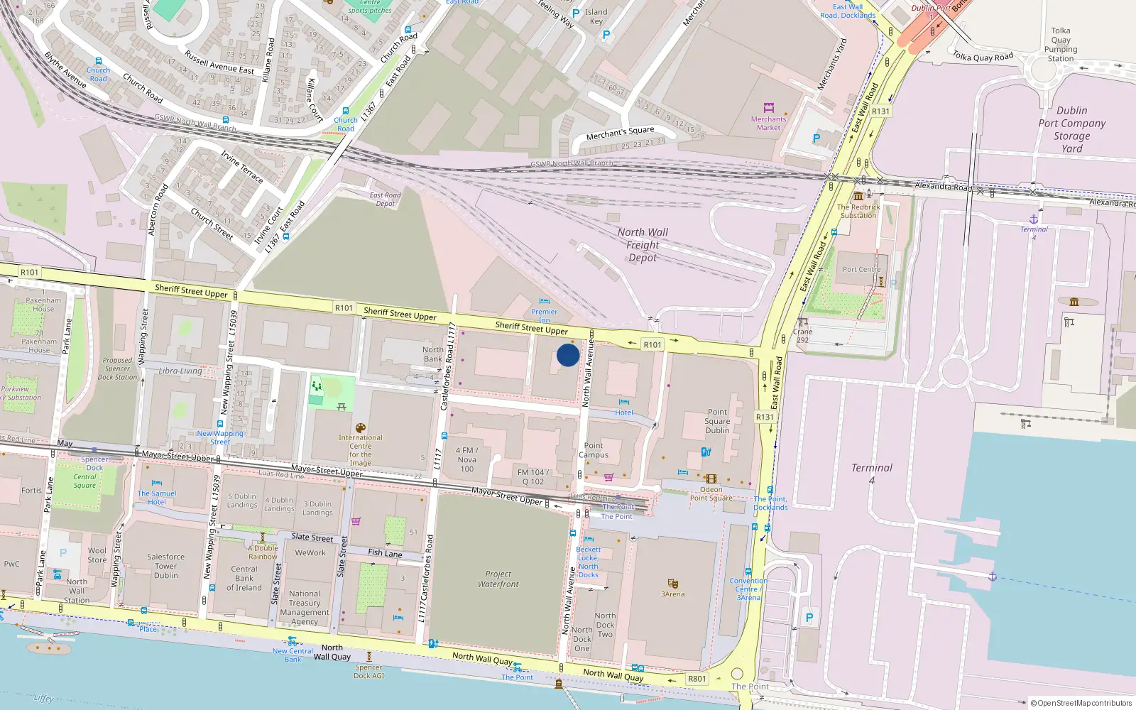 Overhead map showing the location of 508 the Liffey Trust, 117-126 Upper Sheriff St, Dublin