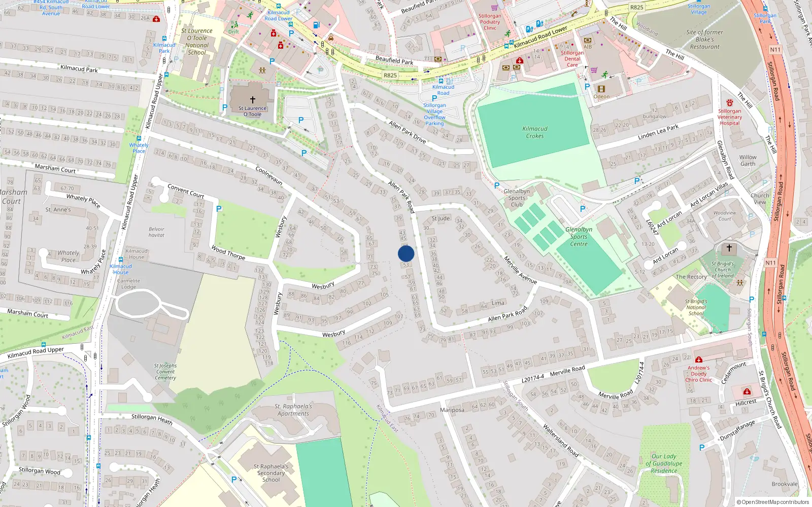 Overhead map showing the location of 51 Allen Park Road, Co. Dublin