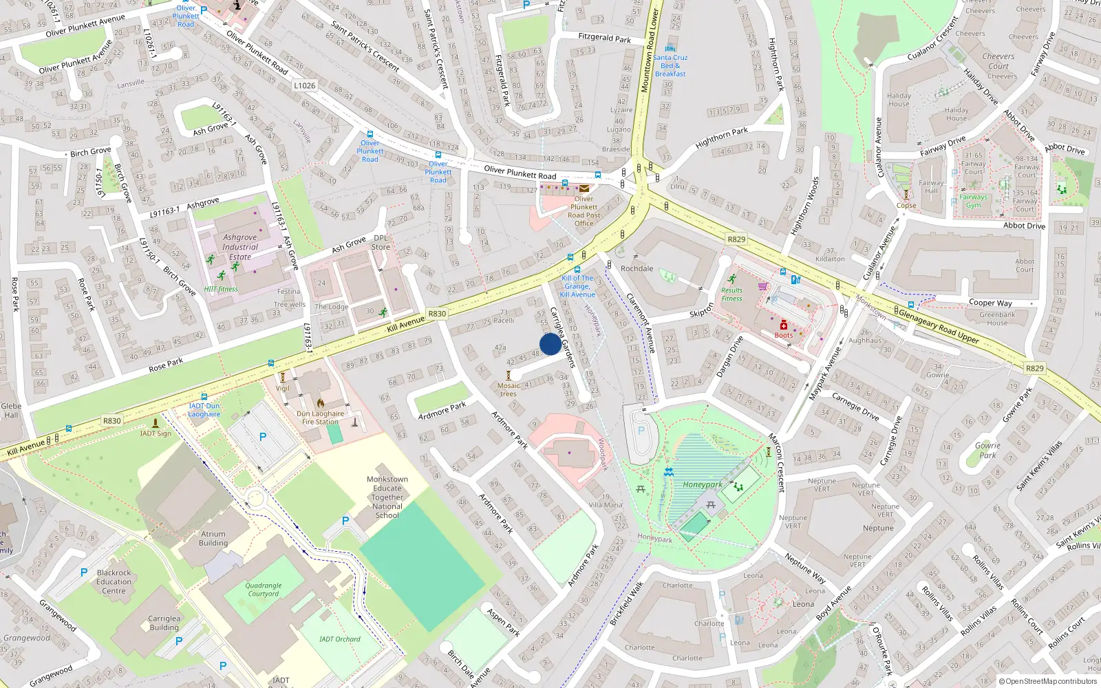 Overhead map showing the location of 51 Carriglea Gardens, Dun Laoghaire, Dublin