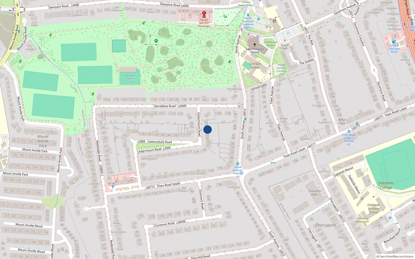 Overhead map showing the location of 51 Cedarmount Road, Blackrock