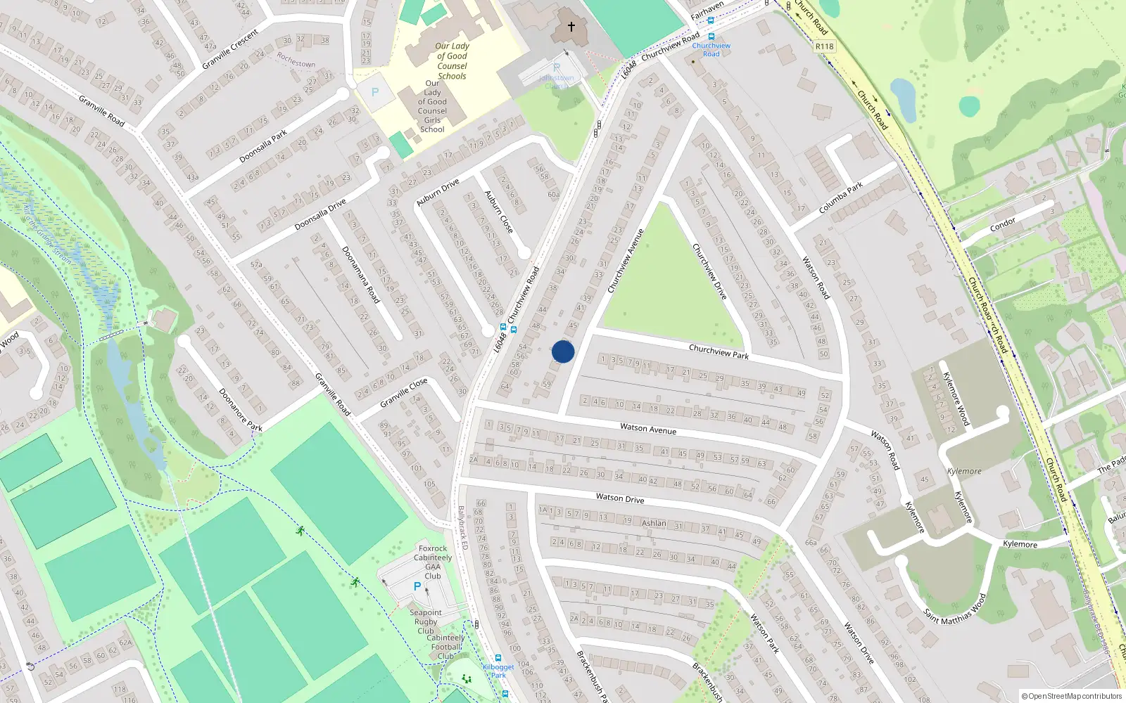 Overhead map showing the location of 51 Churchview Avenue, Killiney