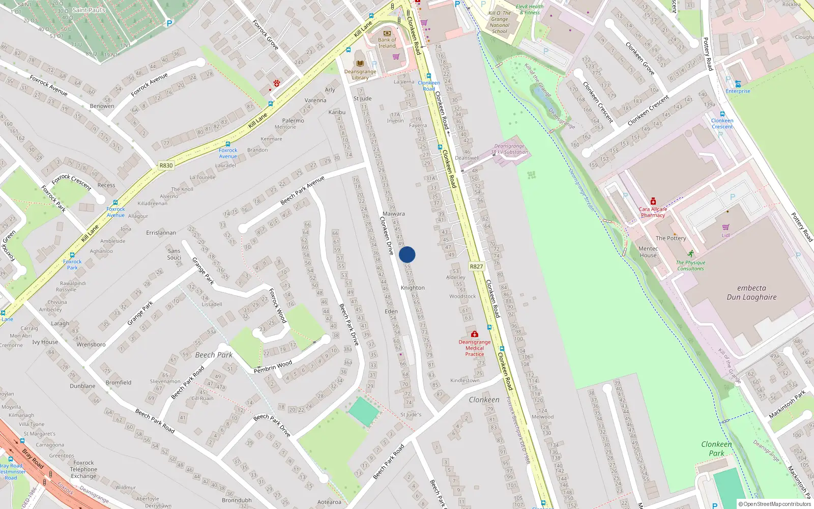 Overhead map showing the location of 51 Clonkeen Drive, Dublin 18