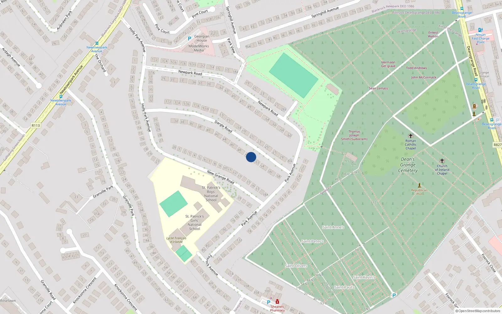 Overhead map showing the location of 51 Dargle Road, Hollypark, Blackrock