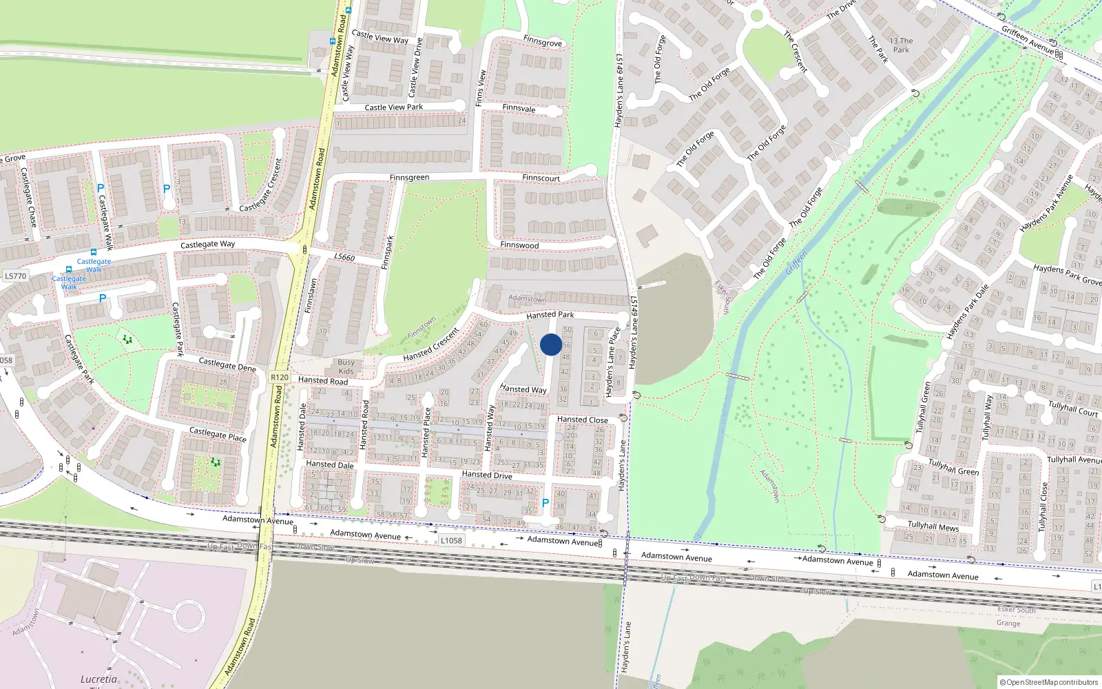 Overhead map showing the location of 51 Hanstead, Newcastle Road, Lucan