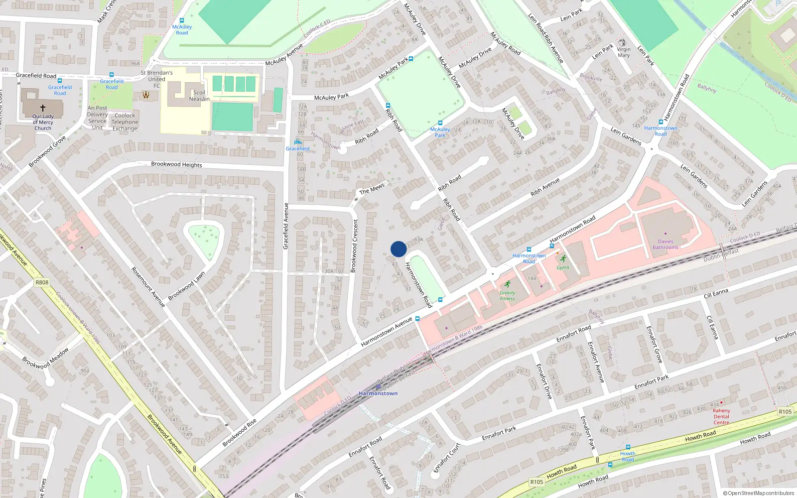 Overhead map showing the location of 51 Harmonstown Road, Artane Dublin 5, Dublin