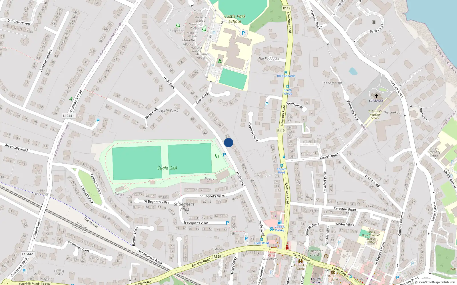 Overhead map showing the location of 51 Hyde Road, Dalkey