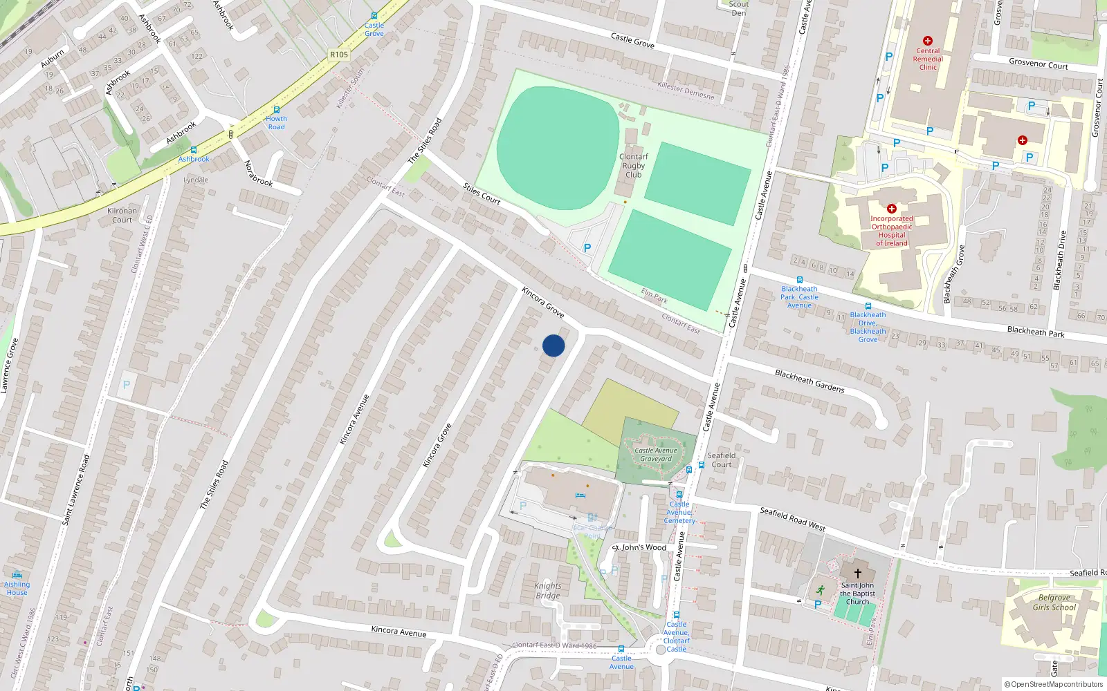 Overhead map showing the location of 51 Kincora Grove, Clontarf, Dublin 3