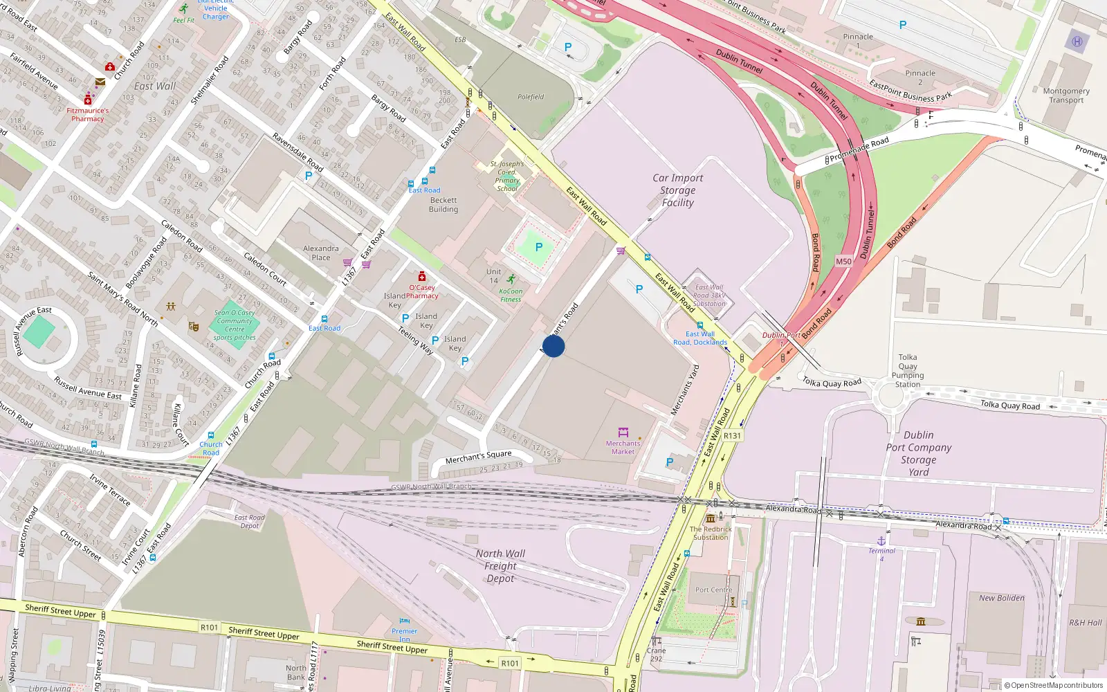 Overhead map showing the location of 51 Merchants Road, East Wall, Dublin 3