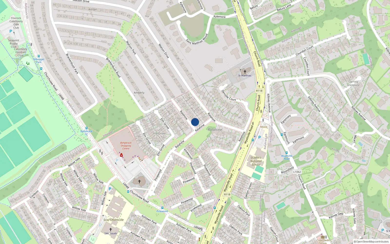 Overhead map showing the location of 51 Ralahine, Church Road, Killiney