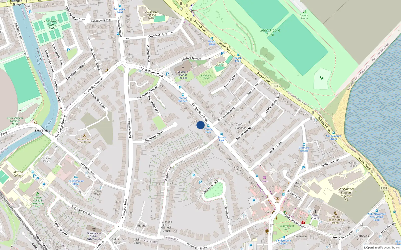 Overhead map showing the location of 51 Sandymount Road, Sandymount