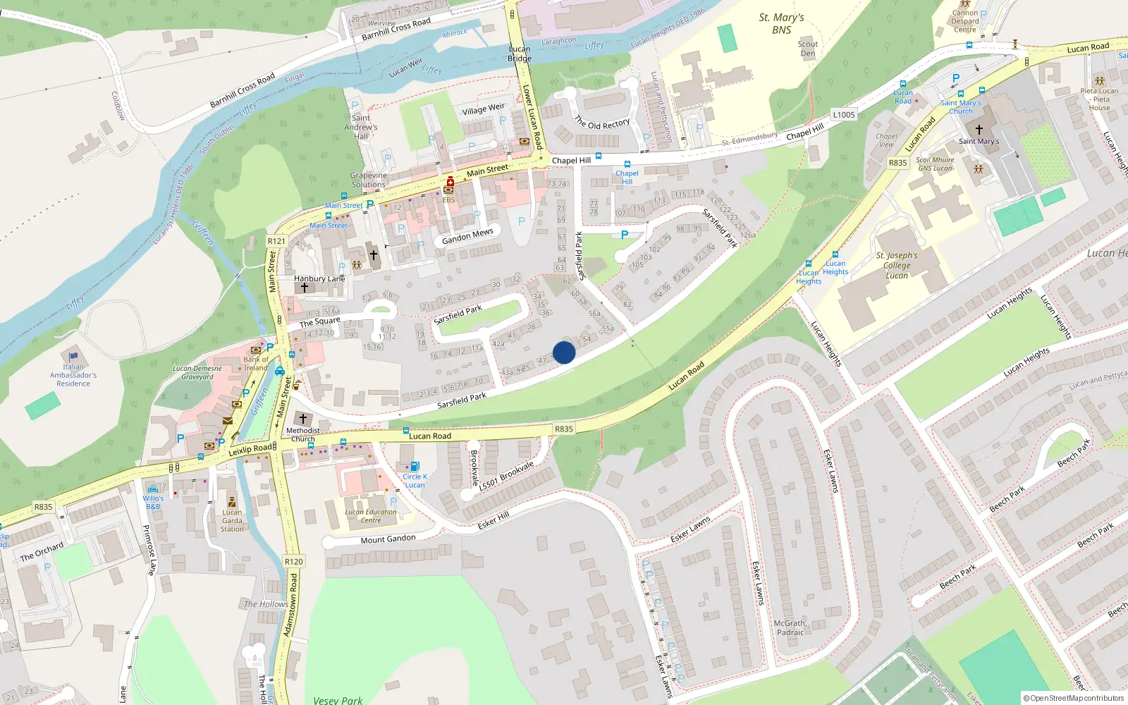 Overhead map showing the location of 51 Sarsfield Park, Lucan