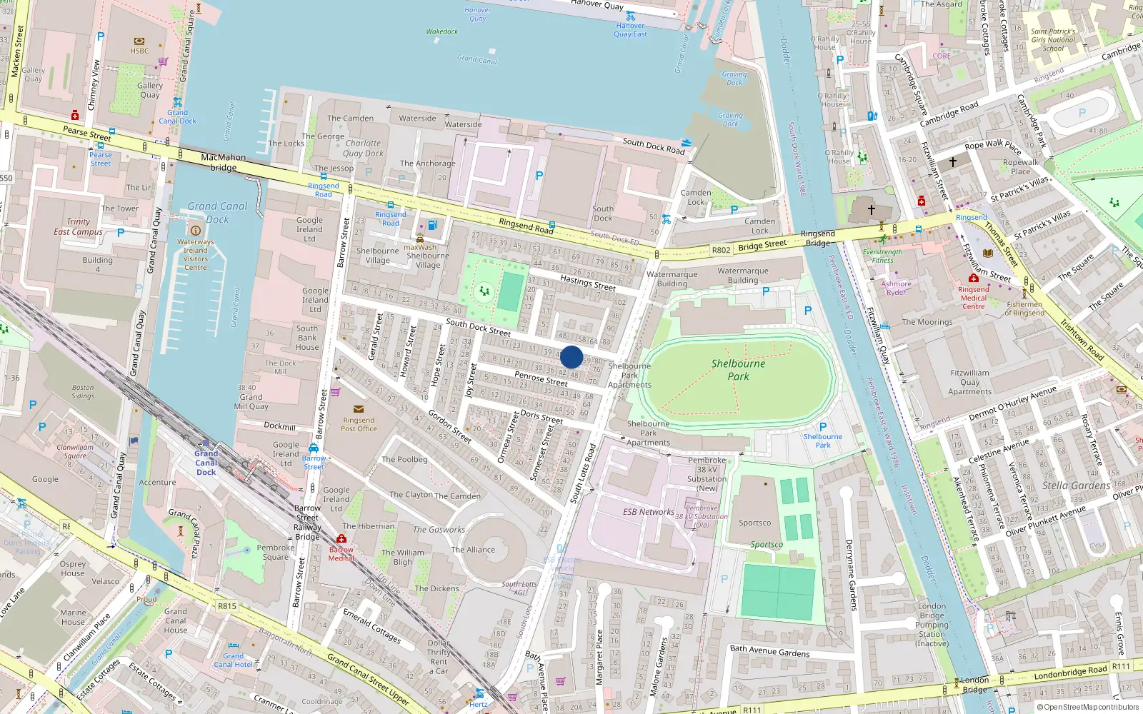 Overhead map showing the location of 51 South Dock Street, Dublin 4