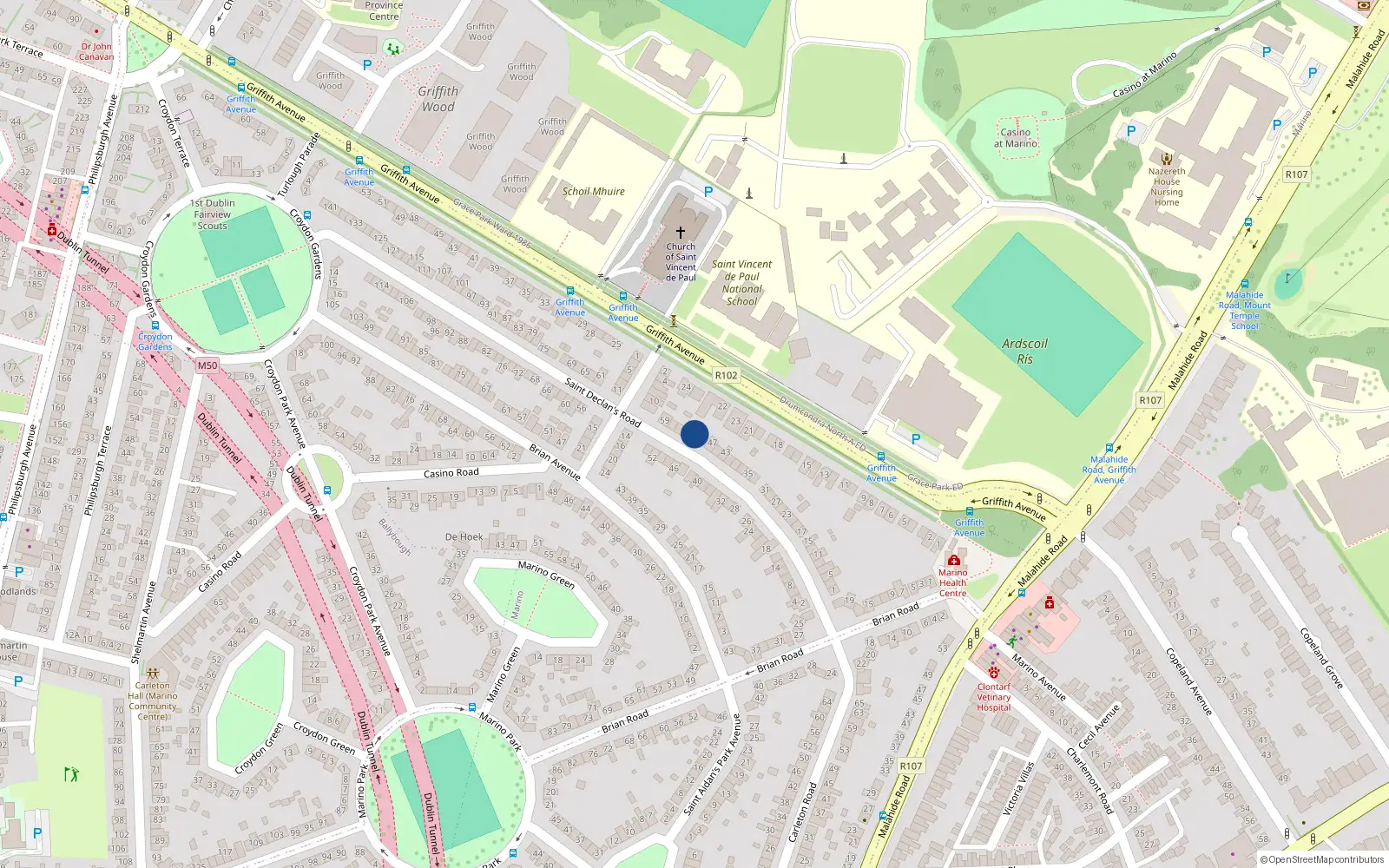 Overhead map showing the location of 51 Saint Declan's Road, Dublin 3