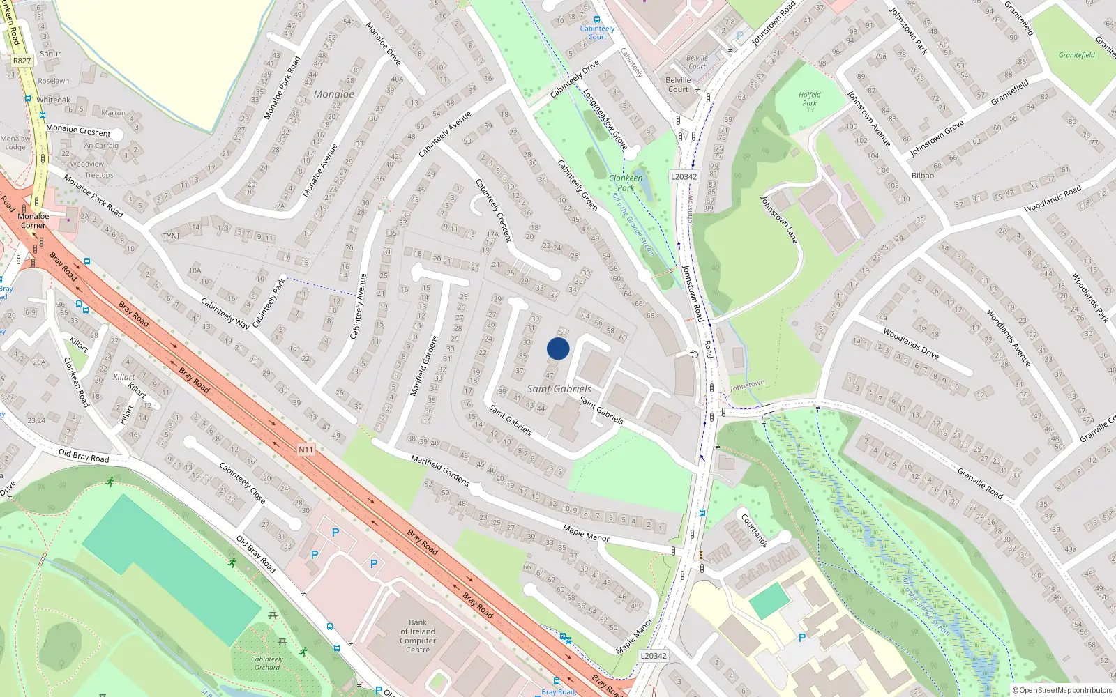 Overhead map showing the location of 51 St Gabriels, Johnstown Road, Cabinteely