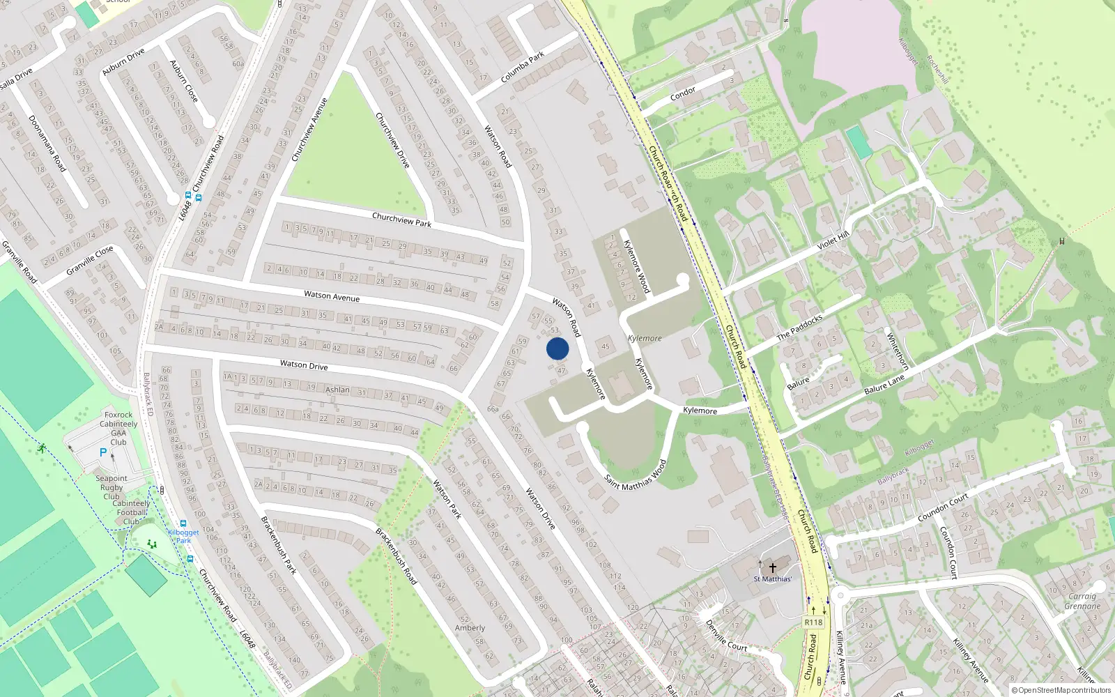 Overhead map showing the location of 51 Watson Road, Killiney, Dublin