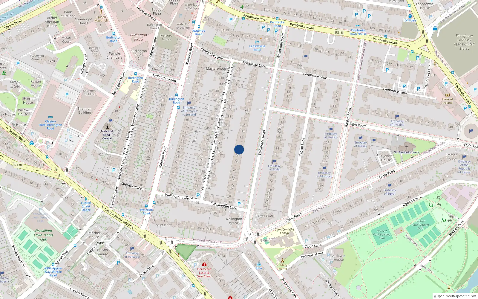 Overhead map showing the location of 51 Wellington Road, Dublin 4