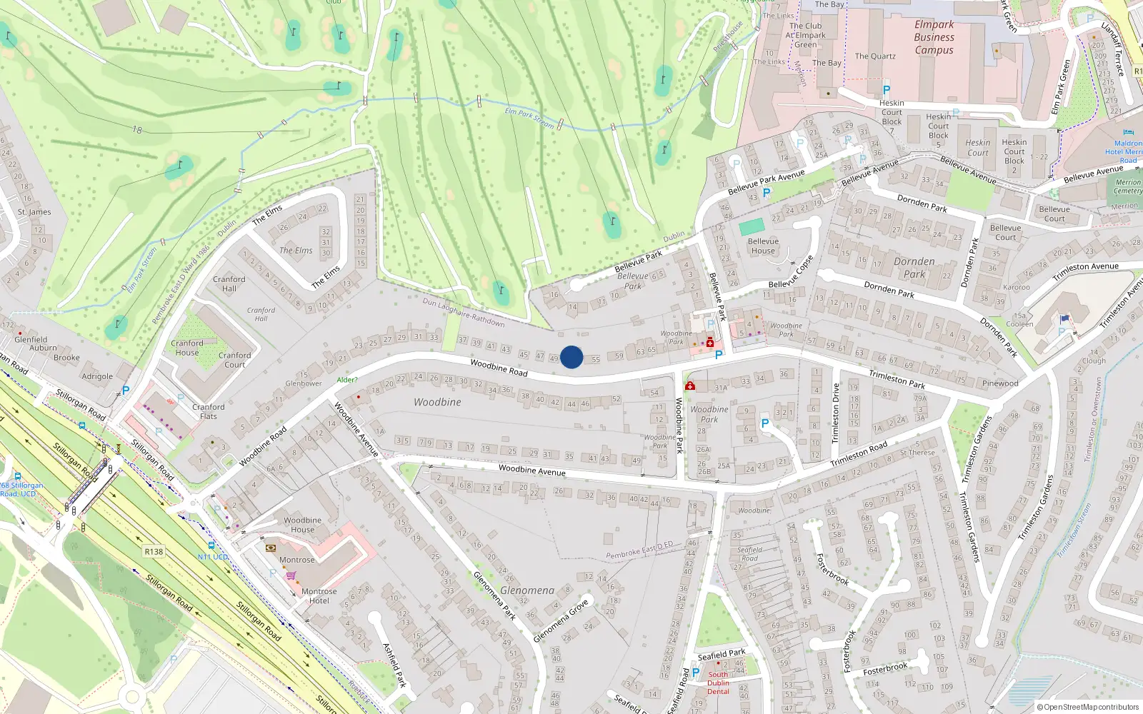 Overhead map showing the location of 51 Woodbine Road, Blackrock