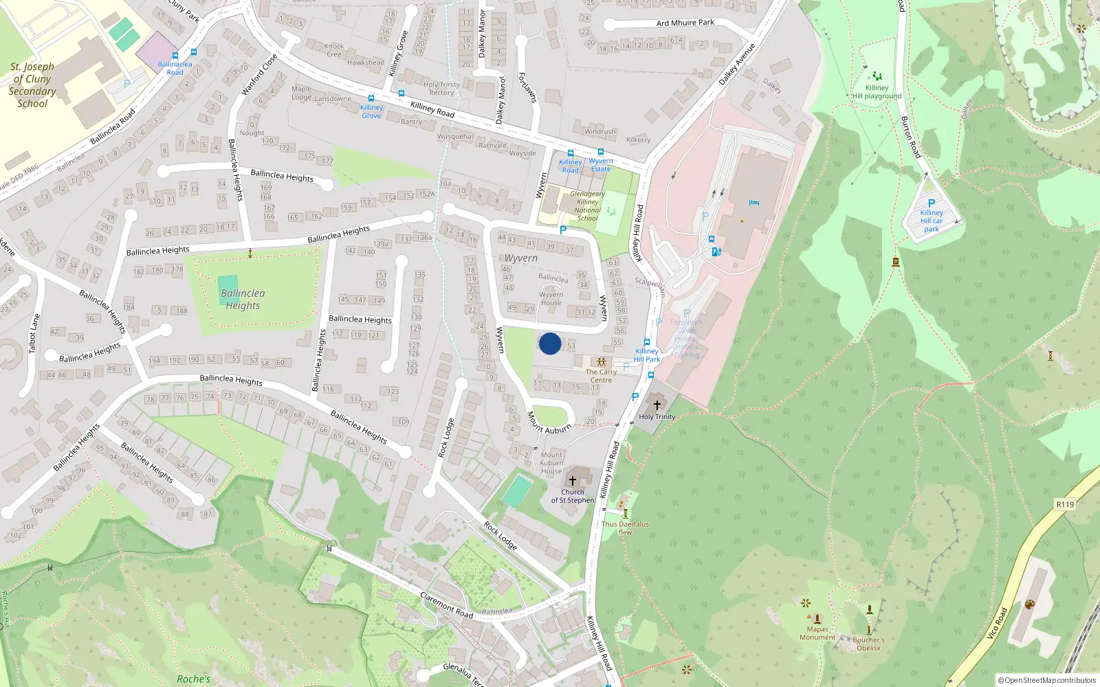 Overhead map showing the location of 51 Wyvern, Killiney, Dublin
