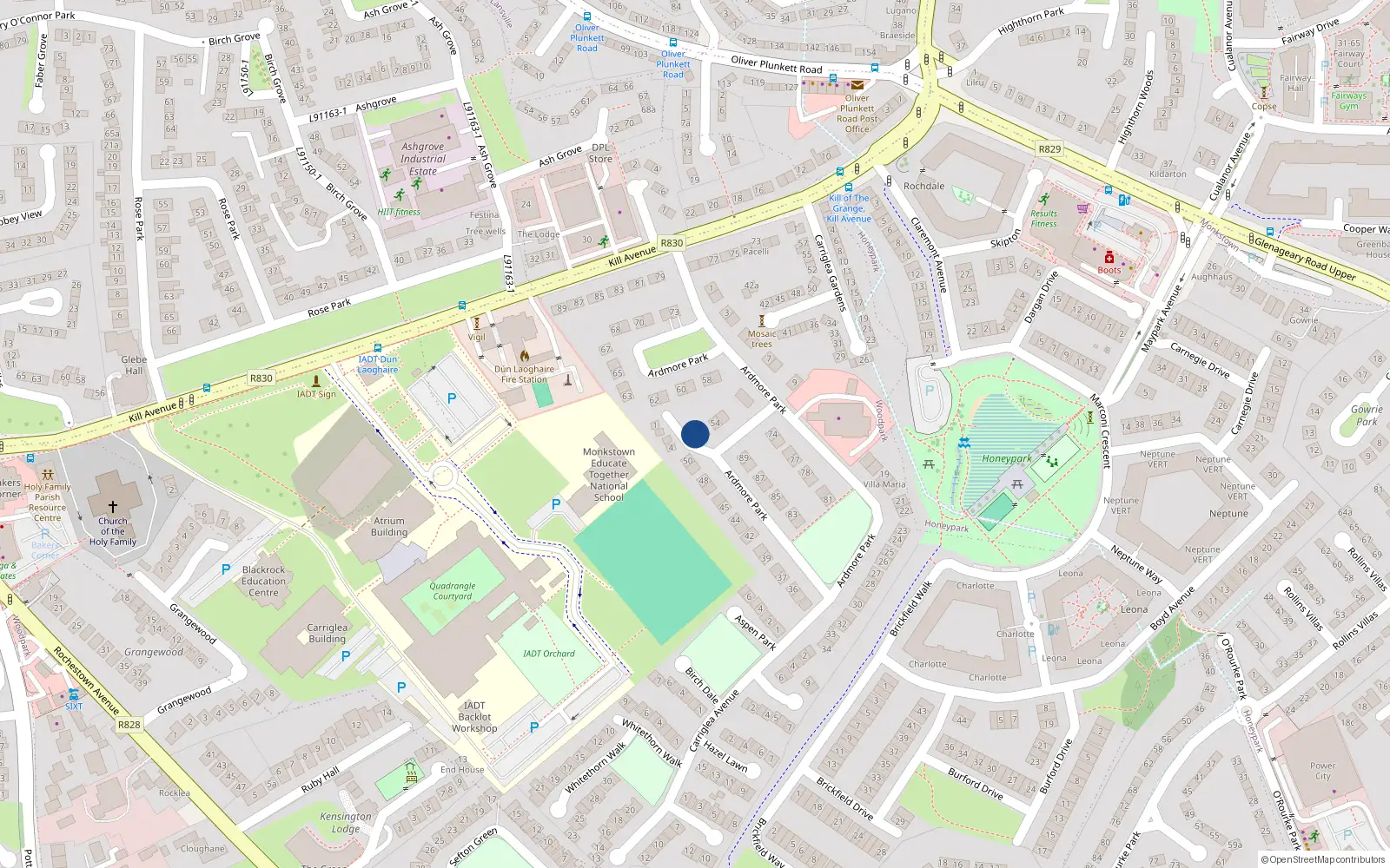 Overhead map showing the location of 52 Ardmore Park, Dun Laoghaire
