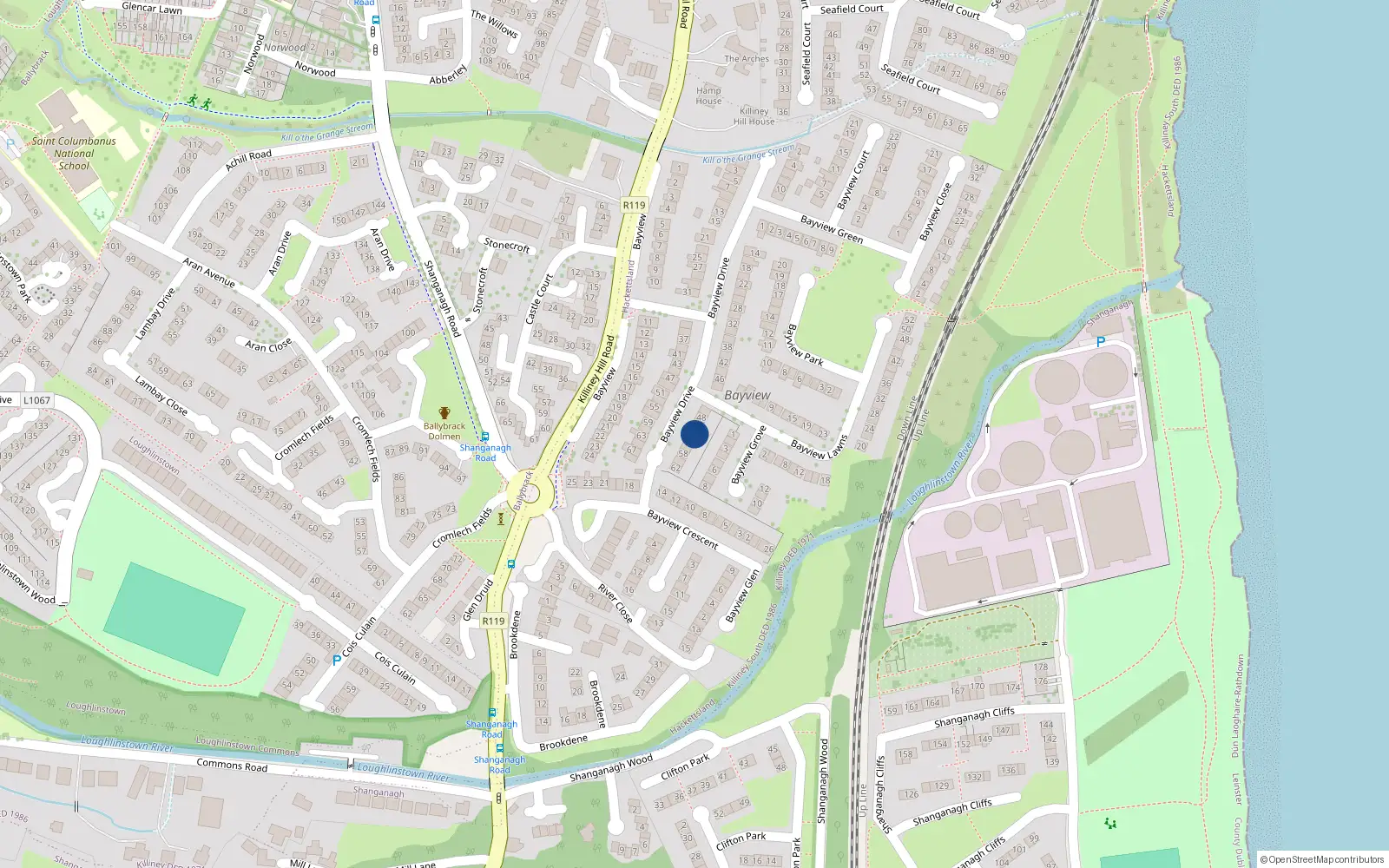 Overhead map showing the location of 52 Bayview Drive, Killiney