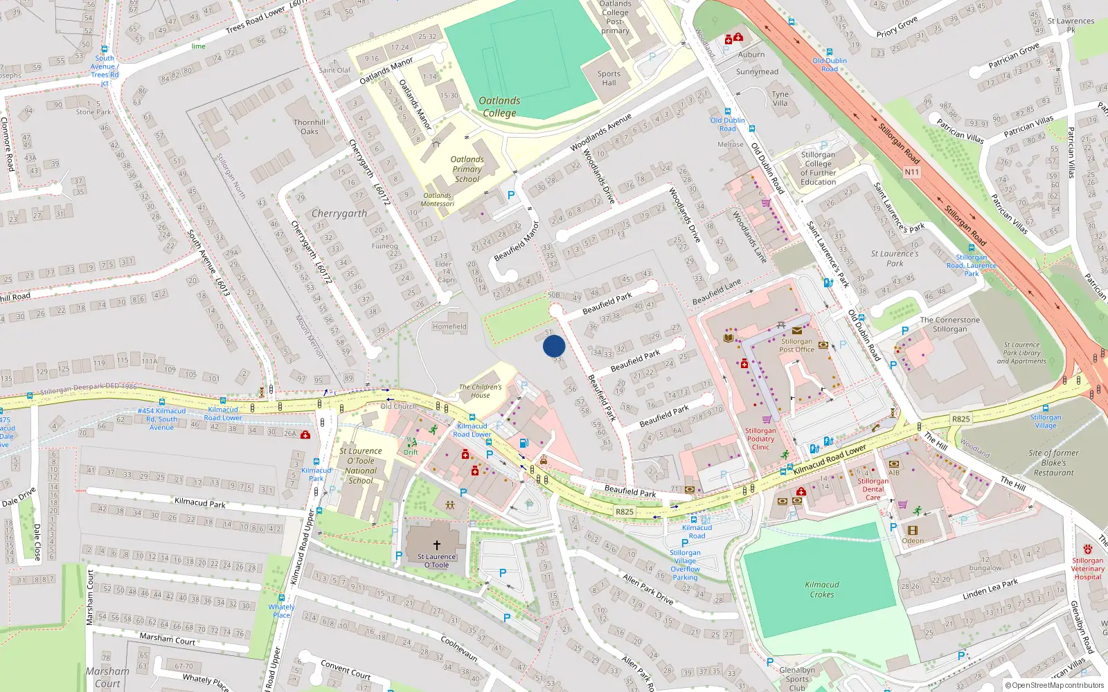 Overhead map showing the location of 52 Beaufield Park, Blackrock
