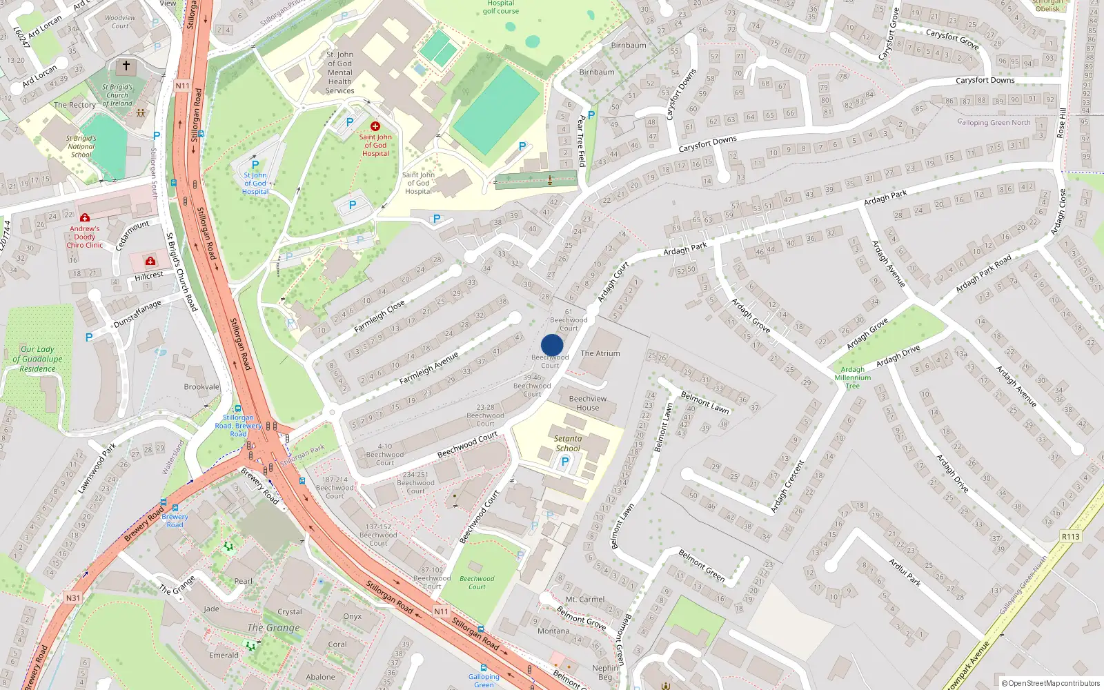 Overhead map showing the location of 52 Beech Wood Court, Stillorgan, Dublin