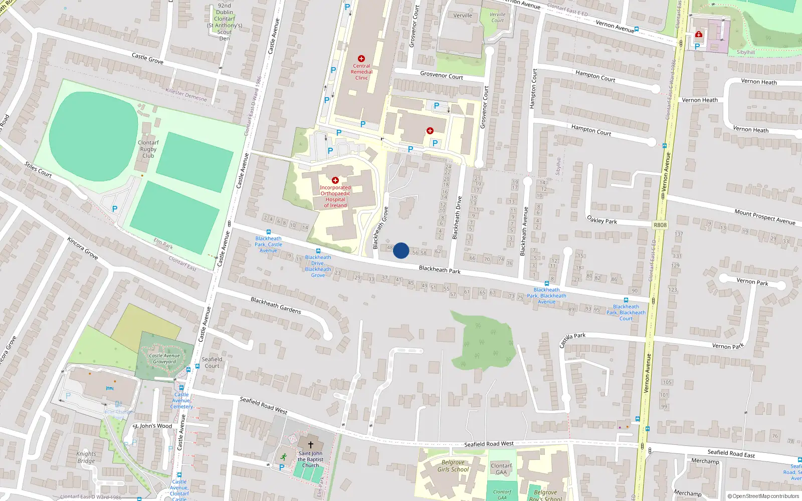 Overhead map showing the location of 52 Blackheath Park, Clontarf, Dublin 3